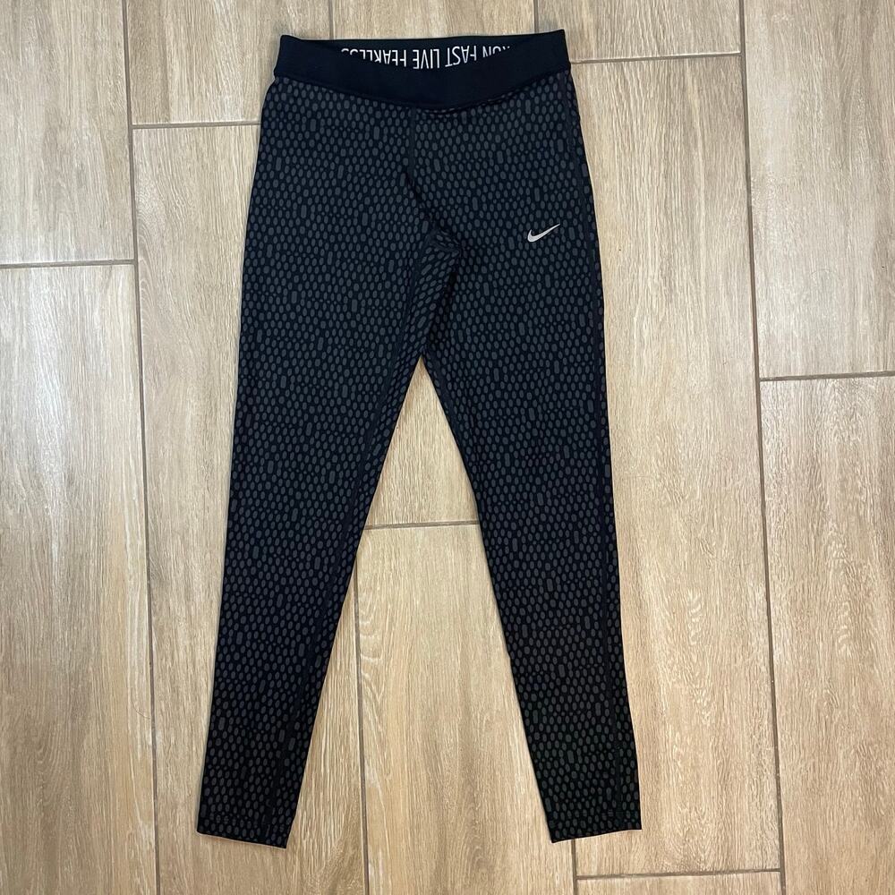 Nike Dri Fit Leggings Womens Small Black Gray Print Running Athletic Pants
